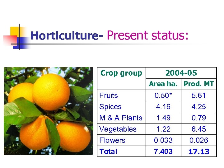 Horticulture- Present status: Crop group 2004 -05 Area ha. Prod. MT Fruits Spices 0.