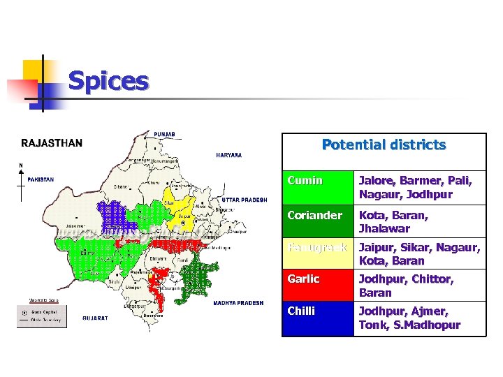 Spices Potential districts Cumin Jalore, Barmer, Pali, Nagaur, Jodhpur Coriander Kota, Baran, Jhalawar Fenugreek