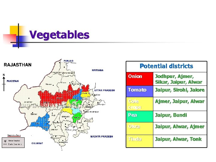 Vegetables Potential districts Onion Jodhpur, Ajmer, Sikar, Jaipur, Alwar Tomato Jaipur, Sirohi, Jalore Cole