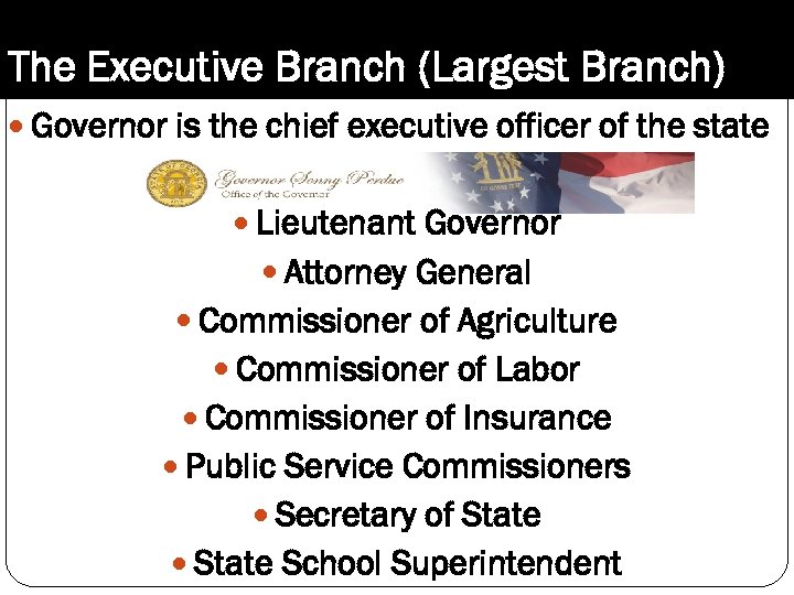 The Executive Branch (Largest Branch) Governor is the chief executive officer of the state
