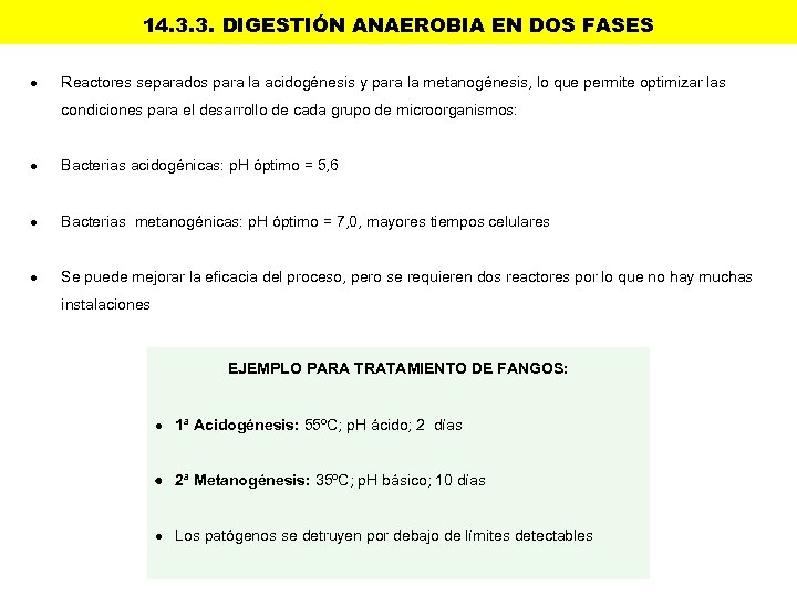 14. 3. 3. DIGESTIÓN ANAEROBIA EN DOS FASES Reactores separados para la acidogénesis y