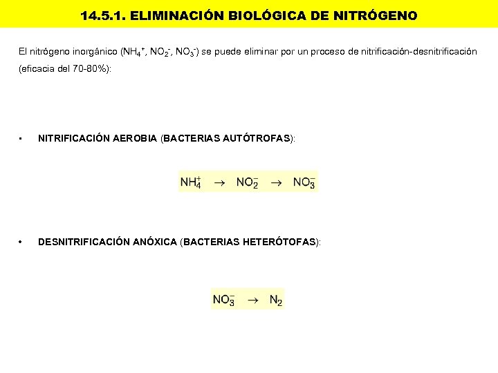14. 5. 1. ELIMINACIÓN BIOLÓGICA DE NITRÓGENO El nitrógeno inorgánico (NH 4+, NO 2