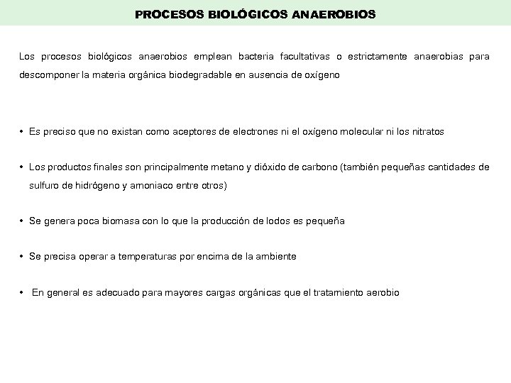 PROCESOS BIOLÓGICOS ANAEROBIOS Los procesos biológicos anaerobios emplean bacteria facultativas o estrictamente anaerobias para