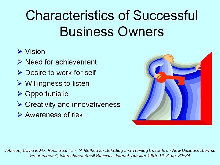 Characteristics of Successful Business Owners Ø Ø Ø Ø Vision Need for achievement Desire