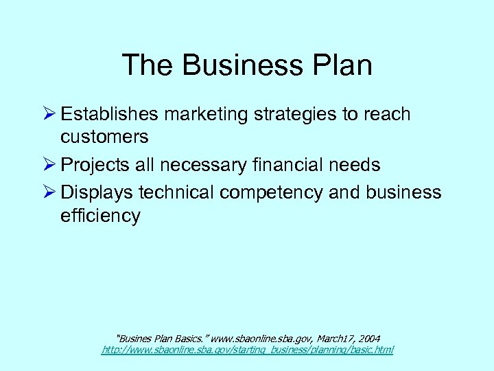The Business Plan Ø Establishes marketing strategies to reach customers Ø Projects all necessary