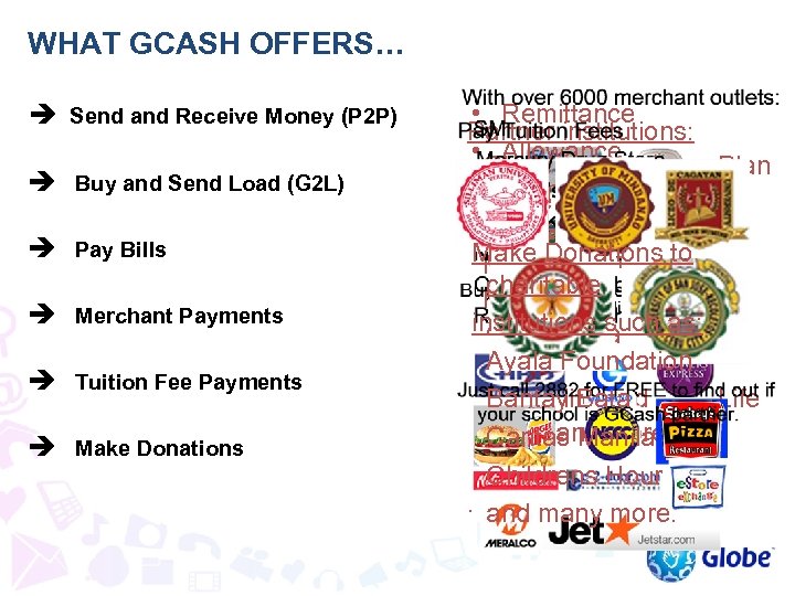WHAT GCASH OFFERS… è Send and Receive Money (P 2 P) è Buy and