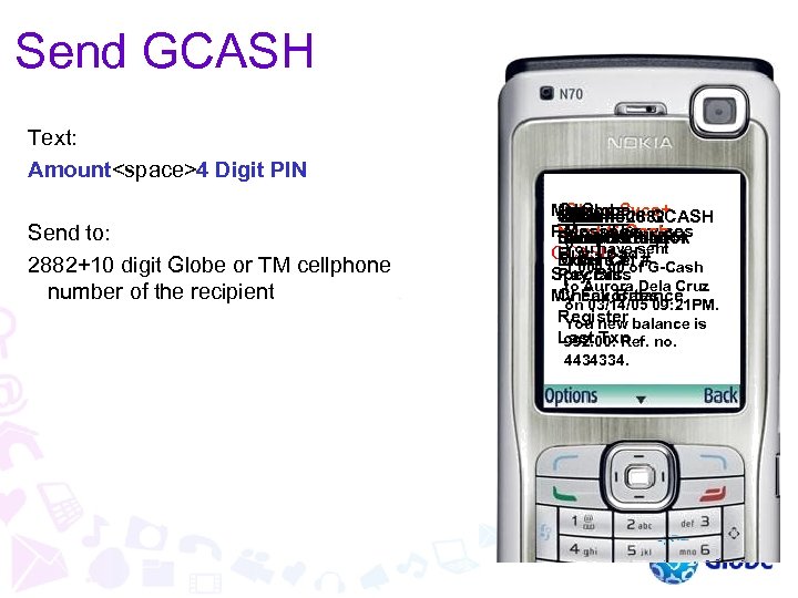 Send GCASH Text: Amount<space>4 Digit PIN Send to: 2882+10 digit Globe or TM cellphone