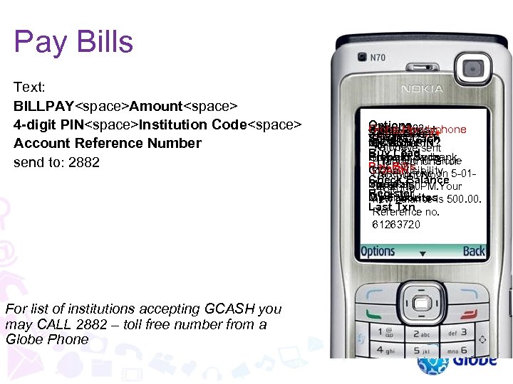 Pay Bills Text: BILLPAY<space>Amount<space> 4 -digit PIN<space>Institution Code<space> Account Reference Number send to: 2882
