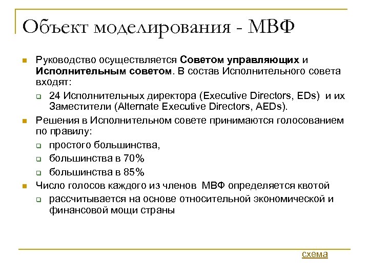 Объект моделирования - МВФ n n n Руководство осуществляется Советом управляющих и Исполнительным советом.