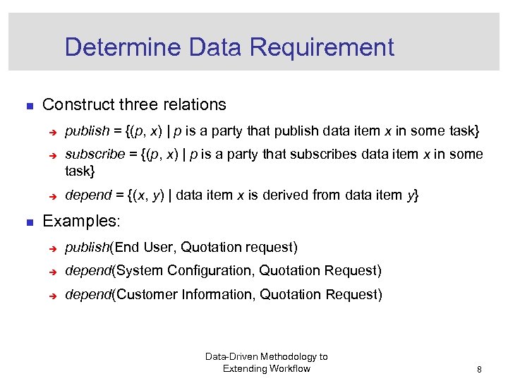 Determine Data Requirement n Construct three relations è è è n publish = {(p,