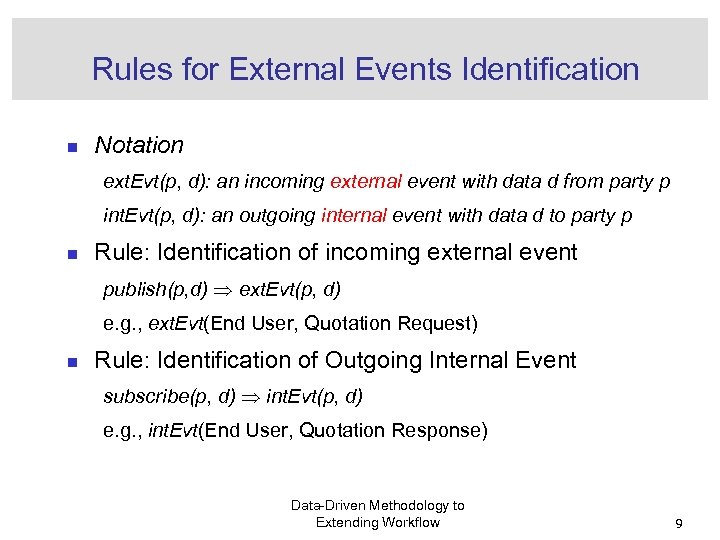 Rules for External Events Identification n Notation ext. Evt(p, d): an incoming external event