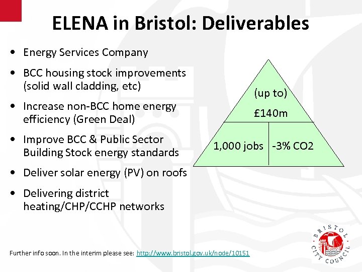 ELENA in Bristol: Deliverables • Energy Services Company • BCC housing stock improvements (solid