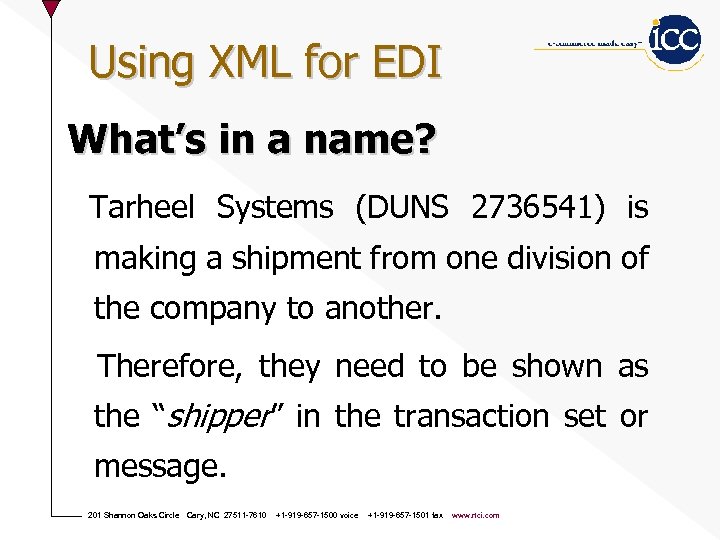 Using XML for EDI What’s in a name? Tarheel Systems (DUNS 2736541) is making