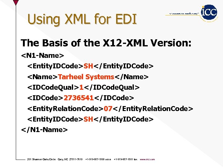 Using XML for EDI The Basis of the X 12 -XML Version: <N 1