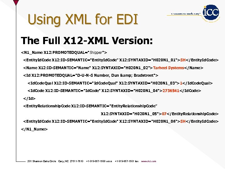 Using XML for EDI The Full X 12 -XML Version: <N 1_Name X 12: