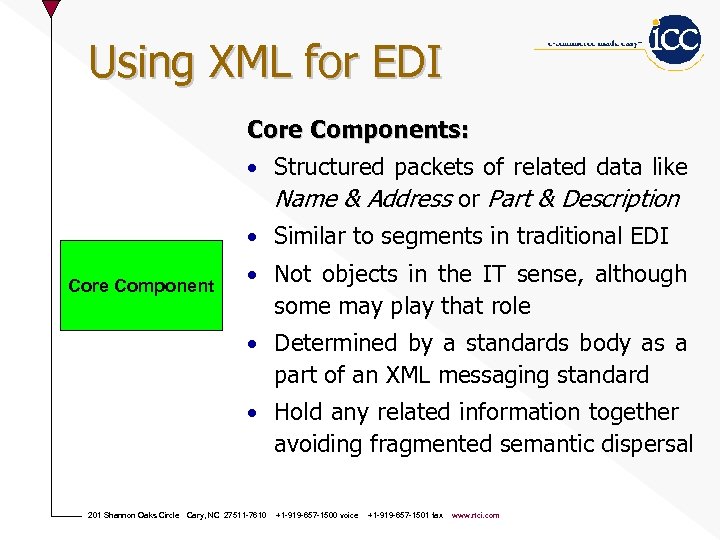 Using XML for EDI Core Components: • Structured packets of related data like Name