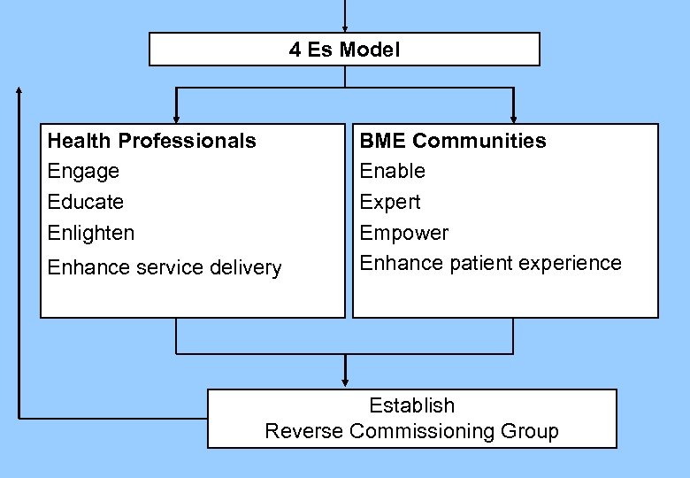 4 Es Model Health Professionals Engage Educate Enlighten Enhance service delivery BME Communities Enable