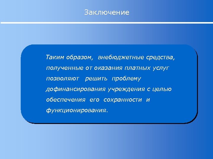 Заключение Таким образом, внебюджетные средства, полученные от оказания платных услуг позволяют решить проблему дофинансирования