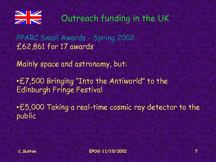 Outreach funding in the UK PPARC Small Awards - Spring 2002 £ 62, 861