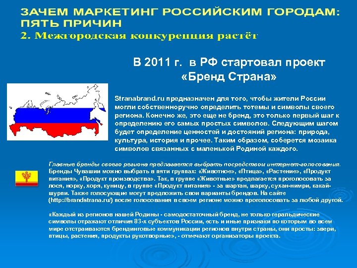  В 2011 г. в РФ стартовал проект «Бренд Страна» Stranabrand. ru предназначен для
