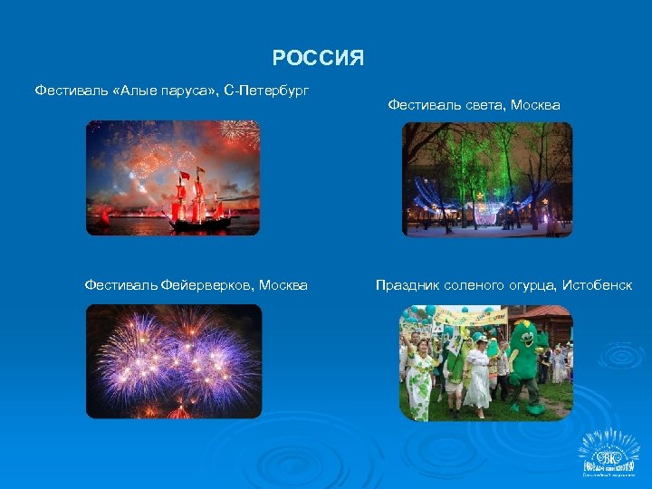 РОССИЯ Фестиваль «Алые паруса» , С-Петербург Фестиваль Фейерверков, Москва Фестиваль света, Москва Праздник соленого