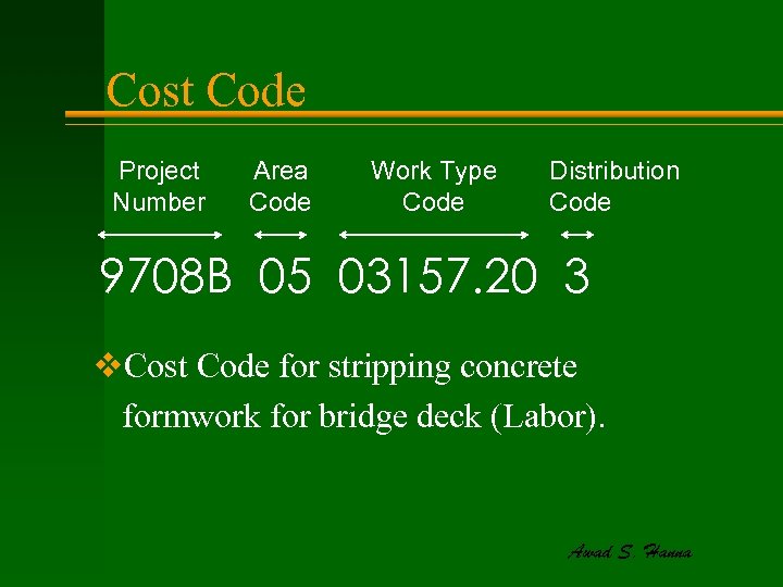 Cost Code Project Number Area Code Work Type Code Distribution Code 9708 B 05