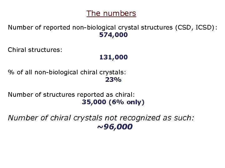 The numbers Number of reported non-biological crystal structures (CSD, ICSD): 574, 000 Chiral structures: