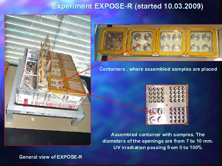 Experiment EXPOSE-R (started 10. 03. 2009) Containers , where assembled samples are placed Assembled