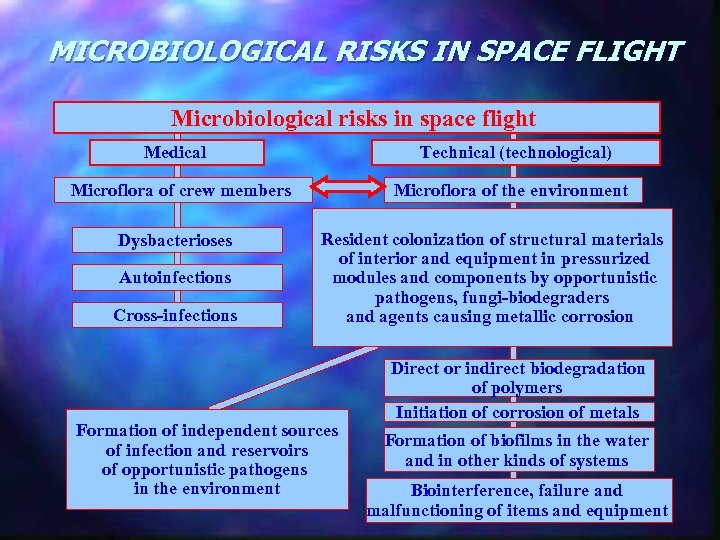 MICROBIOLOGICAL RISKS IN SPACE FLIGHT Microbiological risks in space flight Medical Technical (technological) Microflora
