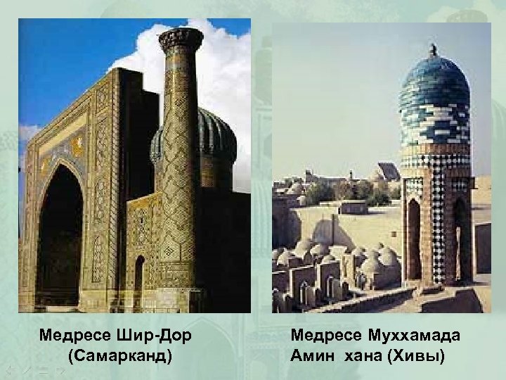 Медресе Шир-Дор (Самарканд) Медресе Муххамада Амин хана (Хивы) 