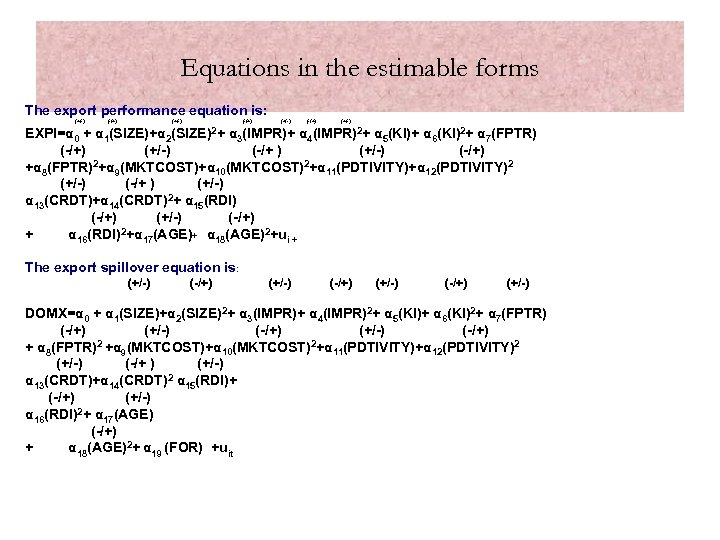 Equations in the estimable forms The export performance equation is: (+/-) (-/+) (+/-) α