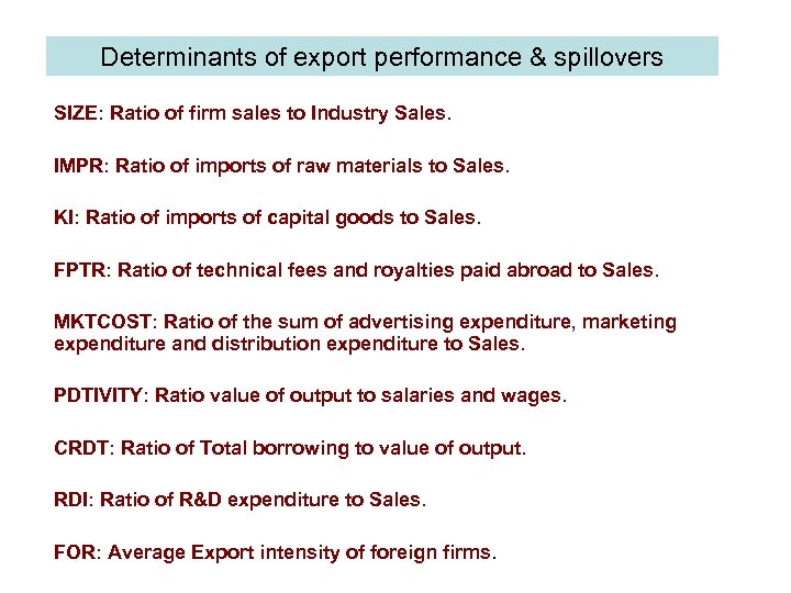 Determinants of export performance & spillovers SIZE: Ratio of firm sales to Industry Sales.