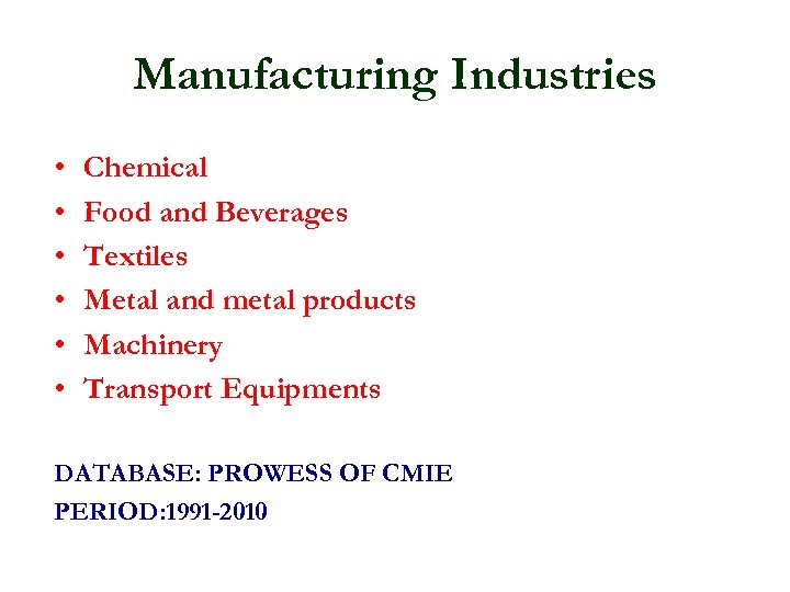 Manufacturing Industries • • • Chemical Food and Beverages Textiles Metal and metal products