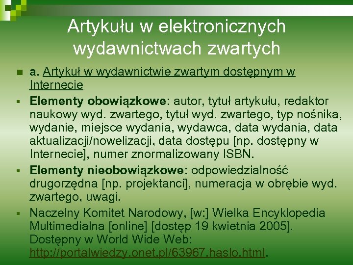 Artykułu w elektronicznych wydawnictwach zwartych n § § § a. Artykuł w wydawnictwie zwartym
