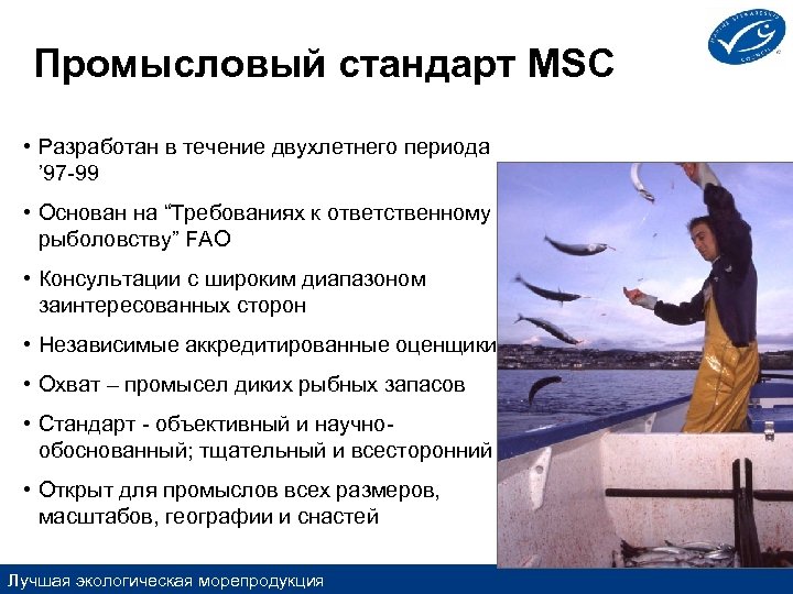 Промысловый стандарт MSC • Разработан в течение двухлетнего периода ’ 97 -99 • Основан
