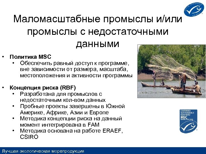 Маломасштабные промыслы и/или промыслы с недостаточными данными • Политика MSC • Обеспечить равный доступ