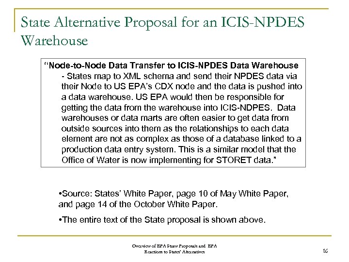State Alternative Proposal for an ICIS-NPDES Warehouse “Node-to-Node Data Transfer to ICIS-NPDES Data Warehouse