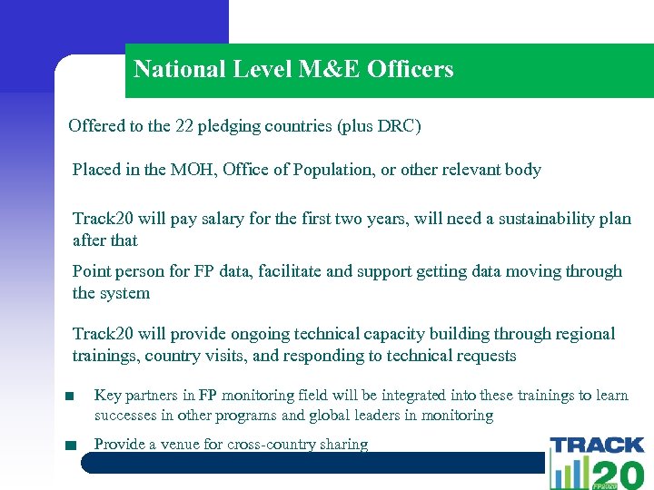 National Level M&E Officers Offered to the 22 pledging countries (plus DRC) Placed in