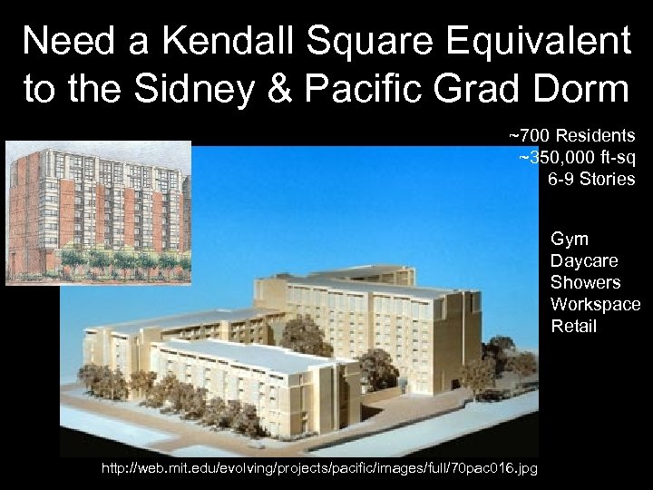 Need a Kendall Square Equivalent to the Sidney & Pacific Grad Dorm ~700 Residents