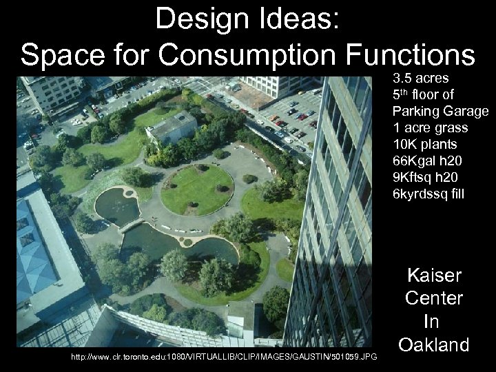 Design Ideas: Space for Consumption Functions 3. 5 acres 5 th floor of Parking