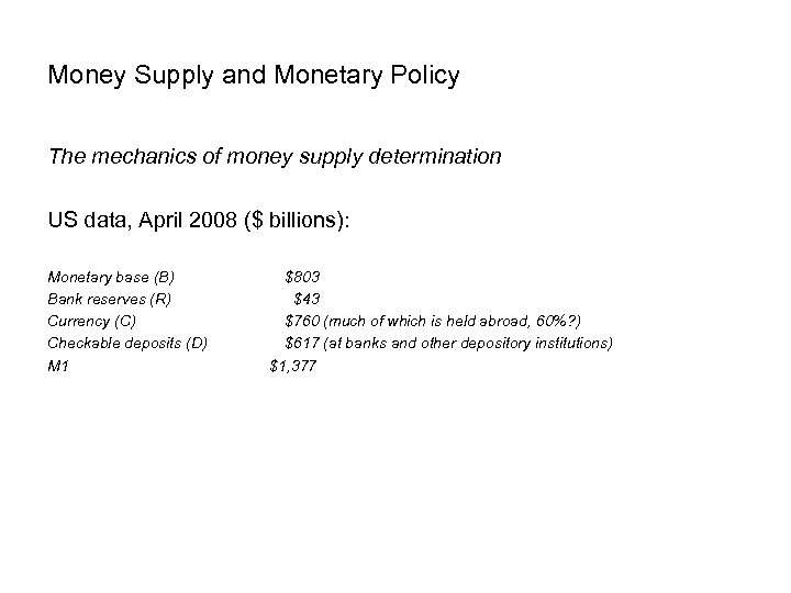 Money Supply and Monetary Policy The mechanics of money supply determination US data, April