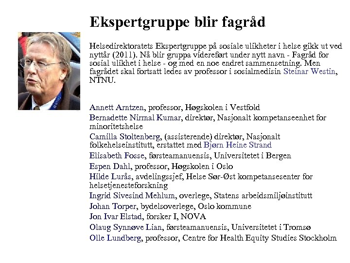 Ekspertgruppe blir fagråd Helsedirektoratets Ekspertgruppe på sosiale ulikheter i helse gikk ut ved nyttår