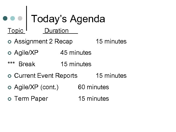 Today’s Agenda Topic Duration ¢ Assignment 2 Recap ¢ Agile/XP *** Break 15 minutes