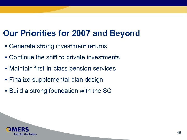 Our Priorities for 2007 and Beyond § Generate strong investment returns § Continue the