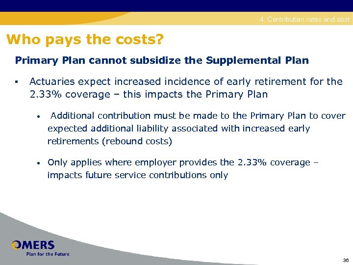 Disability 4. Contribution rates and cost Who pays the costs? Primary Plan cannot subsidize