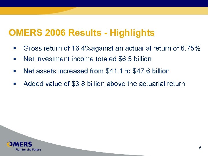 OMERS 2006 Results - Highlights § Gross return of 16. 4%against an actuarial return