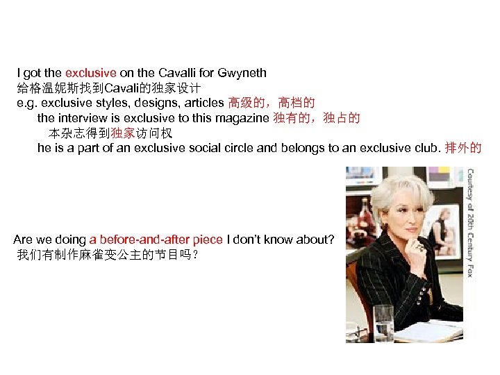 I got the exclusive on the Cavalli for Gwyneth 给格温妮斯找到Cavali的独家设计 e. g. exclusive styles,