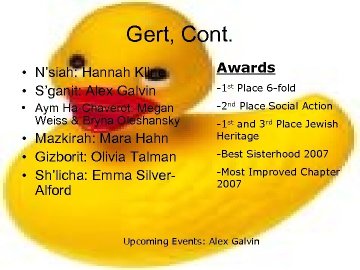 Gert, Cont. • N’siah: Hannah Kline • S’ganit: Alex Galvin • Aym Ha-Chaverot: Megan