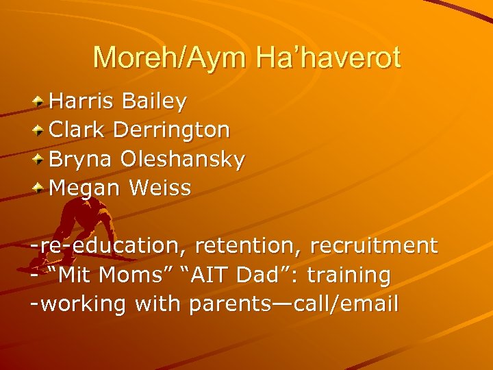 Moreh/Aym Ha’haverot Harris Bailey Clark Derrington Bryna Oleshansky Megan Weiss -re-education, retention, recruitment -