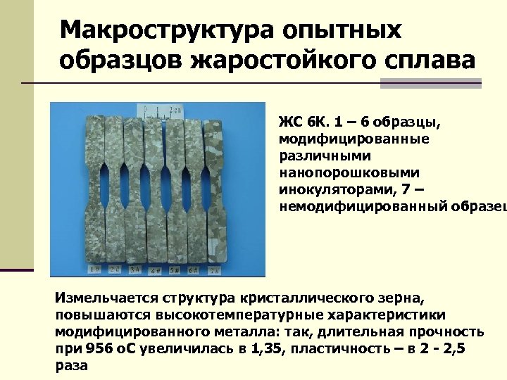 Макроструктура опытных образцов жаростойкого сплава ЖС 6 К. 1 – 6 образцы, модифицированные различными